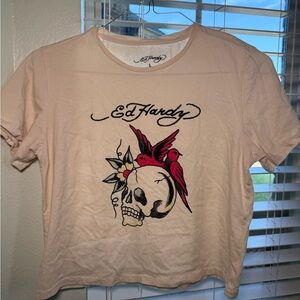 Ed Hardy Cream Tee with Skull and Red Birds